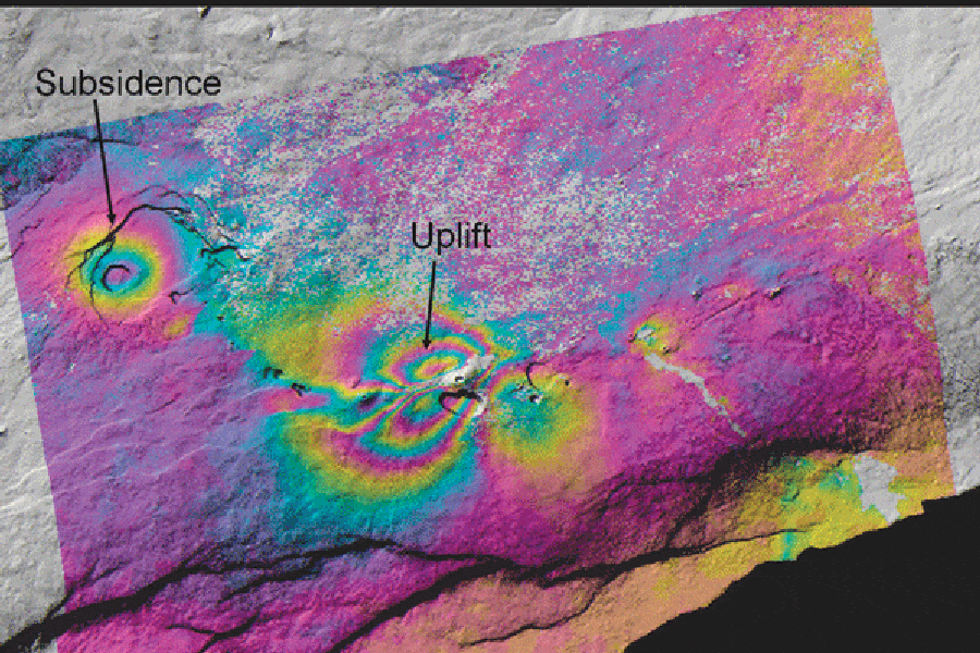 Uplift and subsidence associated with a June 2007 earthquake swarm on Kilauea Volcano are depicted in this ALOS PALSAR interferogram. Kilauea Volcano, located on the southeast portion of the island of Hawai'i, has been erupting continuously since 1983. Interferogram courtesy of Zhong Lu, USGS, Includes Material © JAXA, METI 2007