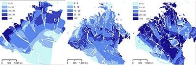 This image illustrates sea-ice-motion magnitude, one of the parameters in the Lagrangian products, at three points in time in the Arctic Ocean basin. Dark blue indicates the most motion, more than 30 km a day. The spatial extent of the data illustrated here is the typical extent of the winter products.