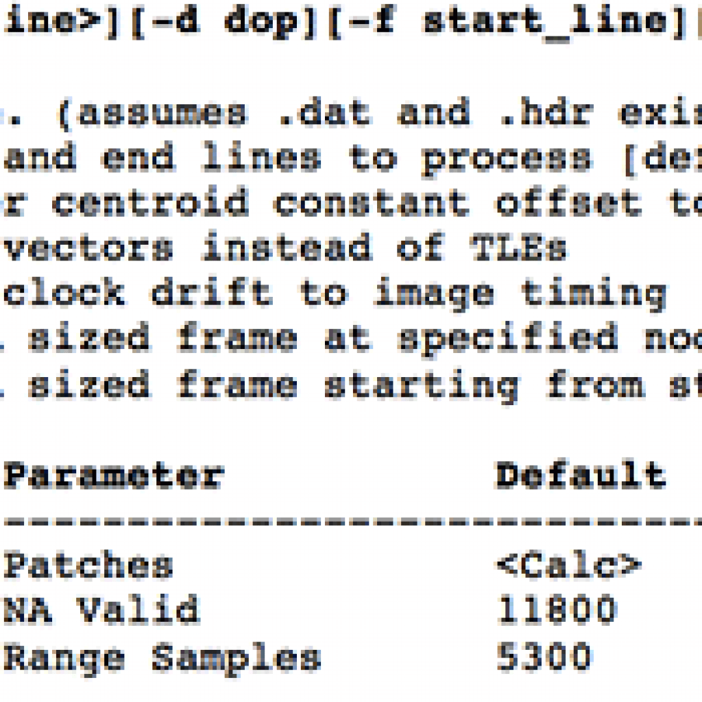 ROI Configuration File Creation Program: Many command line options are offered by create_roi_in, including the ability to process any amount of signal data or the exact amount of signal data needed to create a single 100-km2 image framed by European Space Agency (ESA) framing standards.
