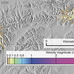 Glacier surface-velocity map of the Wrangell and St. Elias Ranges. Light grey glacier outlines indicate missing data. Image credit: Evan Burgess, 2013. Includes Material © JAXA,METI 2006-2011
