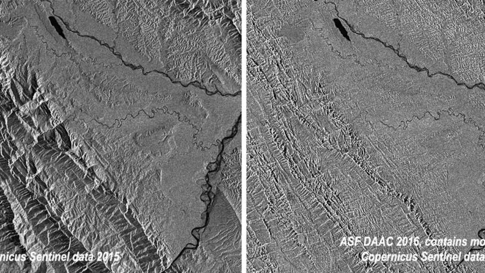 Before and after RTC: In this detail from the test granule below, mountains in Bolivia (left) appear stretched on one side and compressed on the other. RTC (right) moves pixels to unstretch the mountains and adjusts pixel values to subtract the effect of slopes on brightness. Credit left: Copernicus Sentinel data 2015. Credit right: ASF DAAC 2016, contains modified Copernicus Sentinel data 2015, processed by ESA.