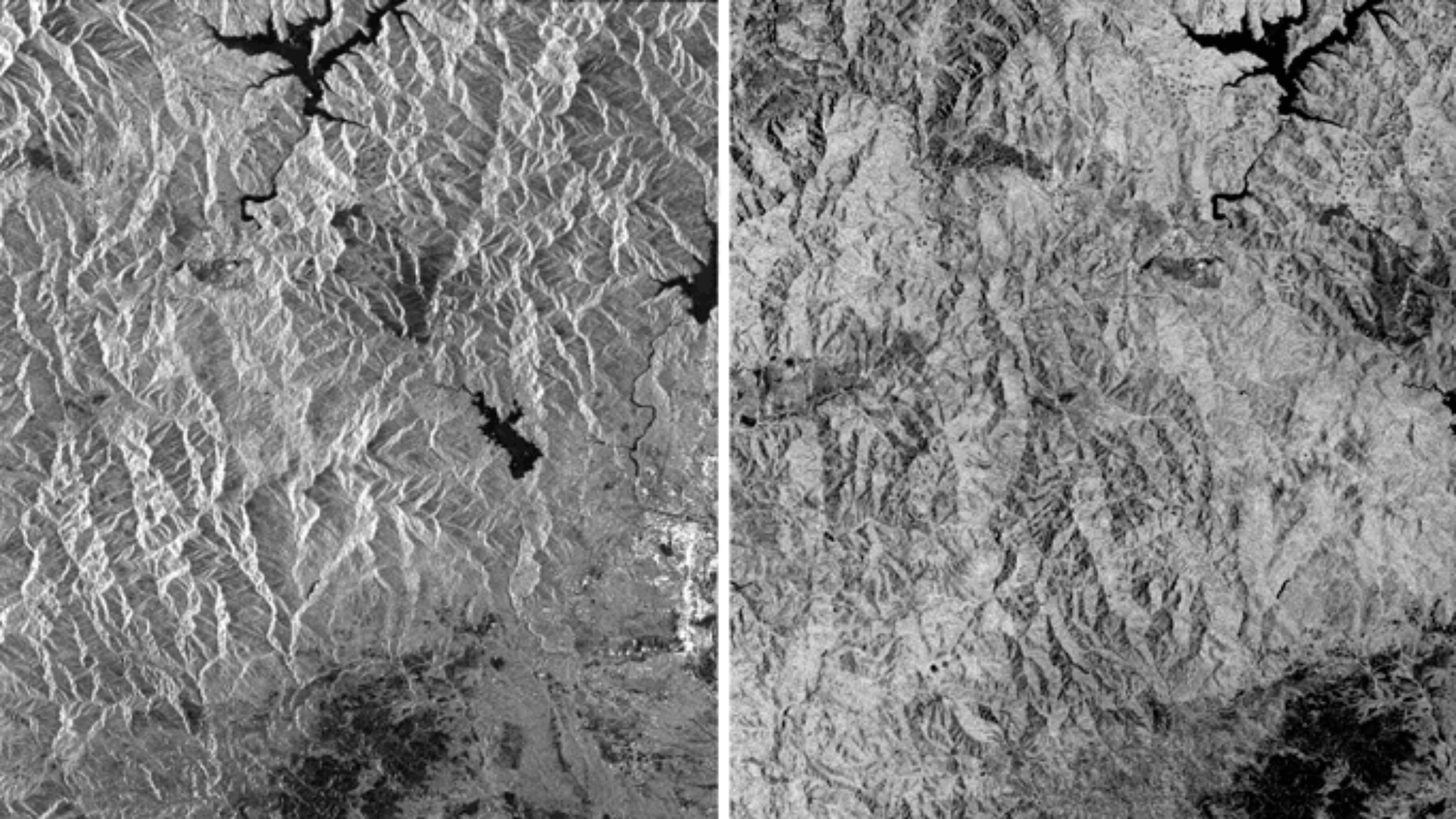 Before and after: Before radiometric terrain correction (RTC), Klamath Mountains in northern California appear stretched on one side and compressed on the other (left). RTC (right) moves pixels to unstretch the mountains and adjusts pixel values to subtract the effect of slopes on brightness. Left: © JAXA/METI 2008; right: ASF DAAC 2016; Includes Material © JAXA/METI 2008.