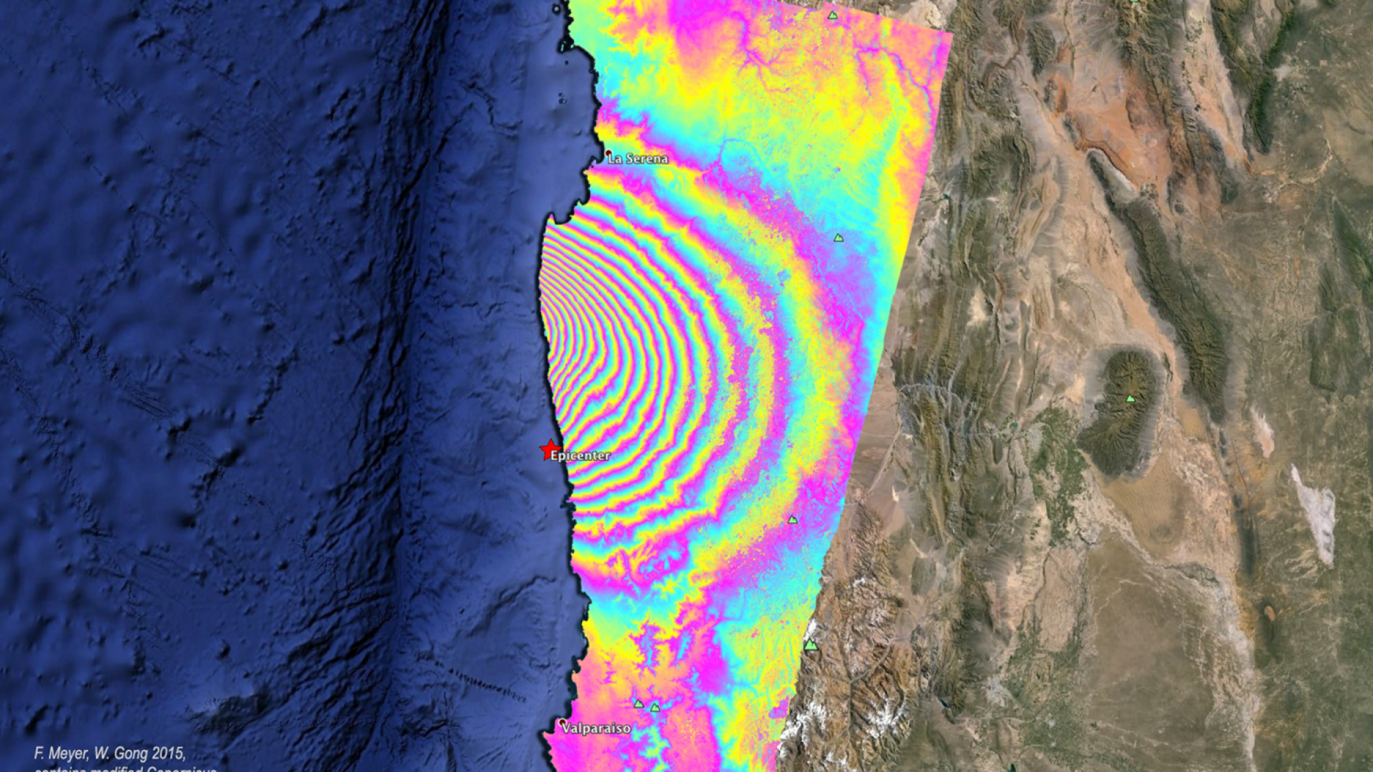 Within days after the 16 September 2015, 8.3 M earthquake in Chile, ASF DAAC scientists used Sentinel-1A acquisitions before and after the quake to create the image at right. The interferogram was unwrapped and rewrapped to a lower fringe rate to improve visual analysis. One fringe (one complete color cycle) corresponds to a relative line-of-sight motion of 8.5 cm. The image is combined with a Landsat image in Google Earth (© 2015 Google). Image credit: F. Meyer, W. Gong 2015; contains modified Copernicus Sentinel data 2015.