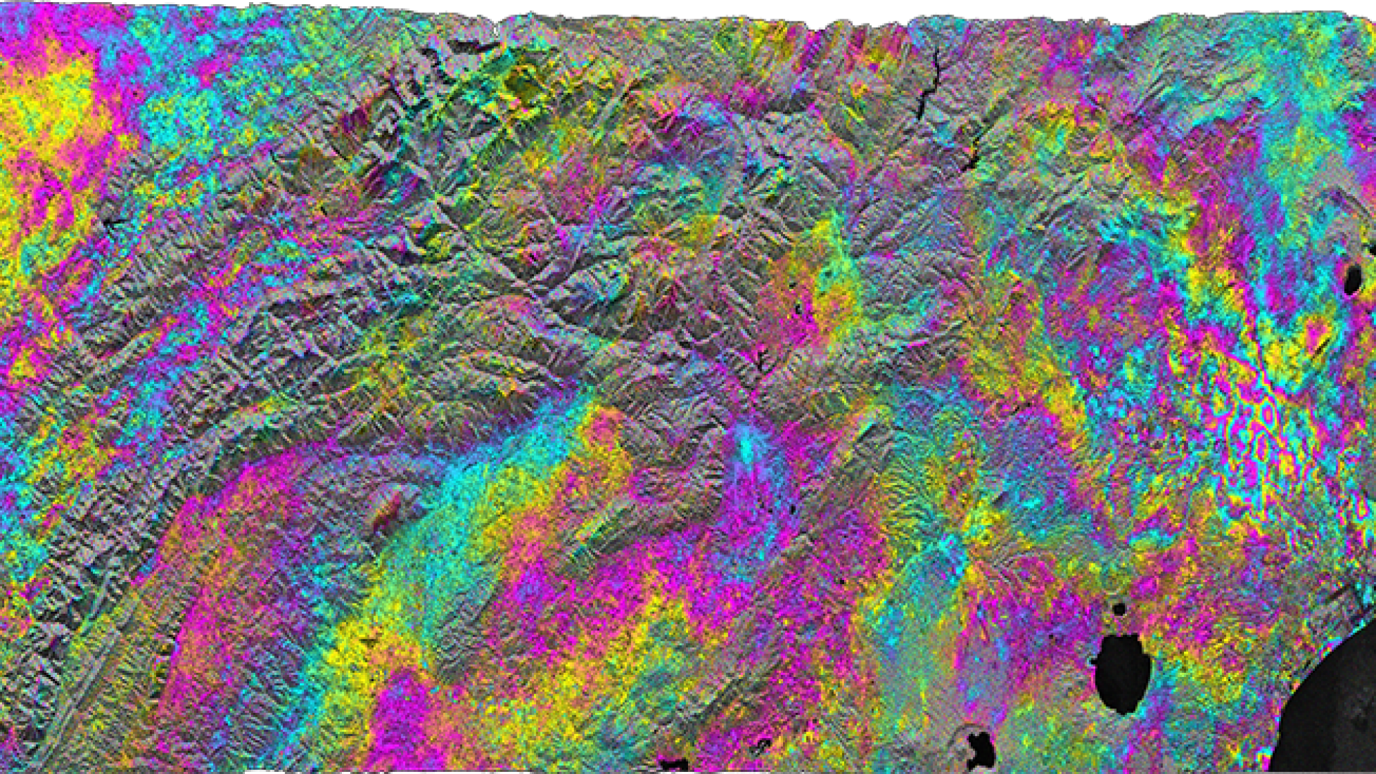 Deformation in the Carlsbad, New Mexico, region is revealed in this Sentinel-1 InSAR beta image. Created through the collaborative Getting Ready for NISAR project with JPL, this image is one of many available through either ASF DAAC’s Vertex or NASA’s Earthdata Search. See the full article for more about the project, available products, and how to offer feedback. Image credit: ASF DAAC & JPL 2017, contains modified Copernicus Sentinel data 2017.