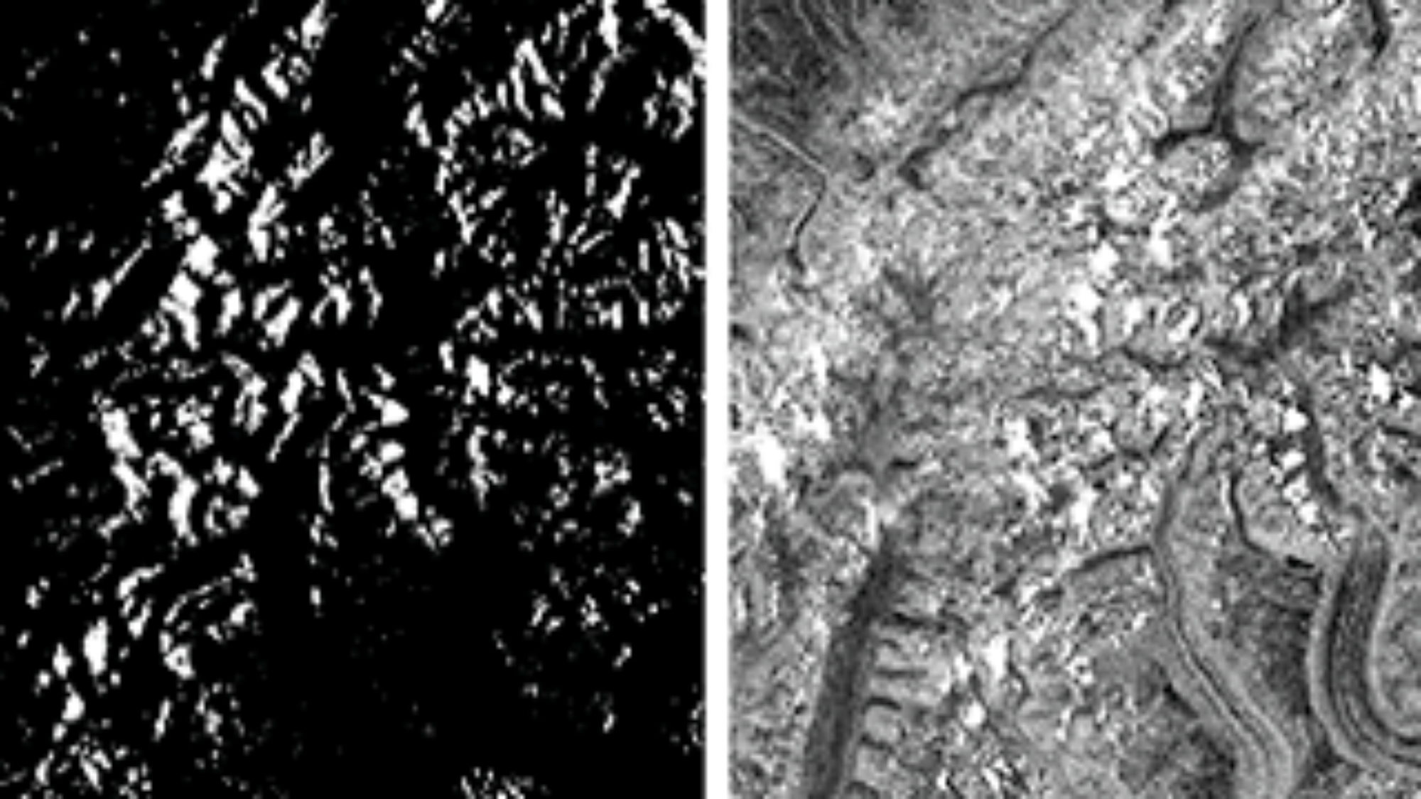 Before and after: Radiometrically terrain-corrected ALOS PALSAR image of part of the Alaska Range in Denali National Park before (left) and after (right) power-scale conversion in ArcGIS. Credit: ASF DAAC 2016; Includes Material © JAXA/METI 2006.