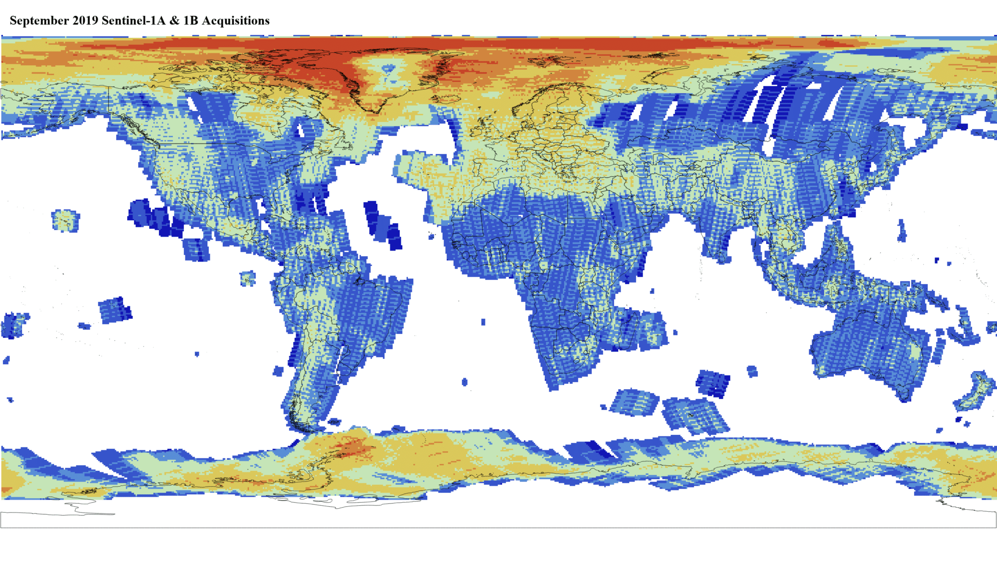 Heat map of Sentinel-1A and -1B GRD global acquisitions September 2019