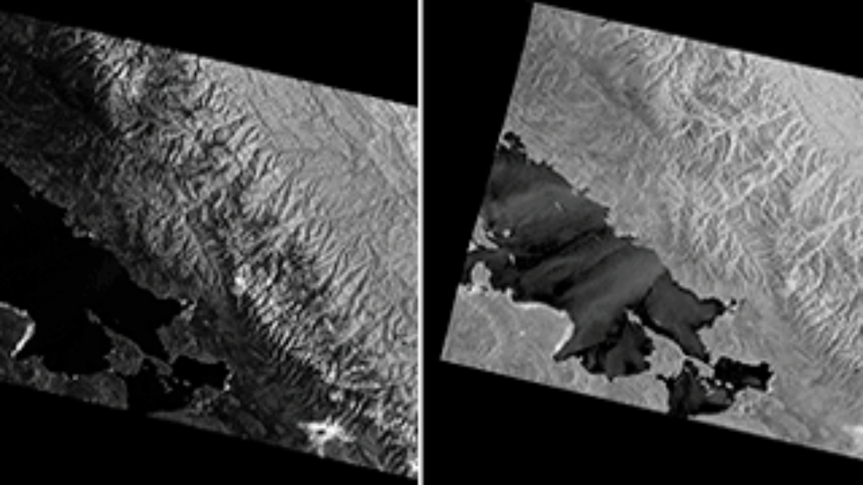Before and after RTC: In this detail from the test granule, mountains spanning the Peru-Bolivia border appear stretched on one side and compressed on the other (left). RTC (right) moves pixels to unstretch the mountains and adjusts pixel values to subtract the effect of slopes on brightness. Credit left: Copernicus Sentinel data 2015. Credit right: ASF DAAC 2016, contains modified Copernicus Sentinel data 2015, processed by ESA.