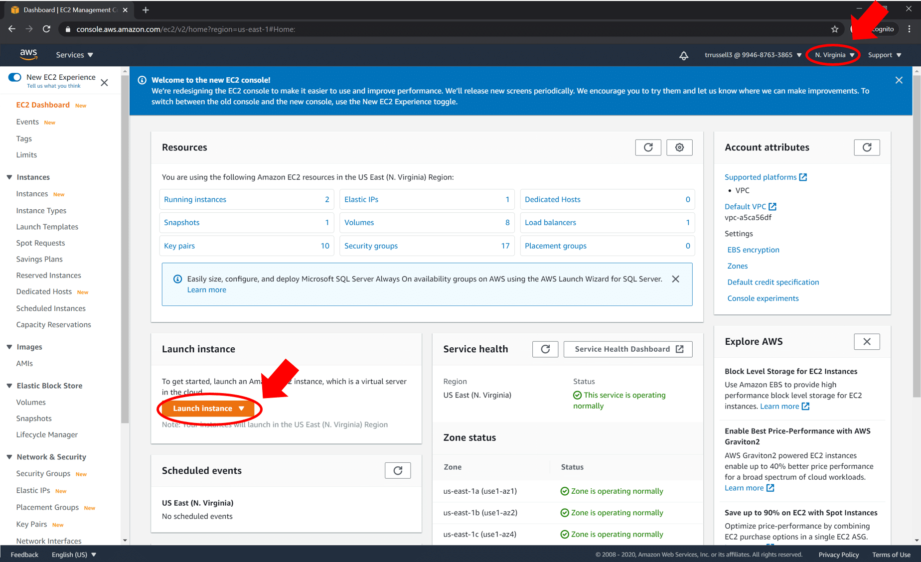 Select the Region and Launch Instance