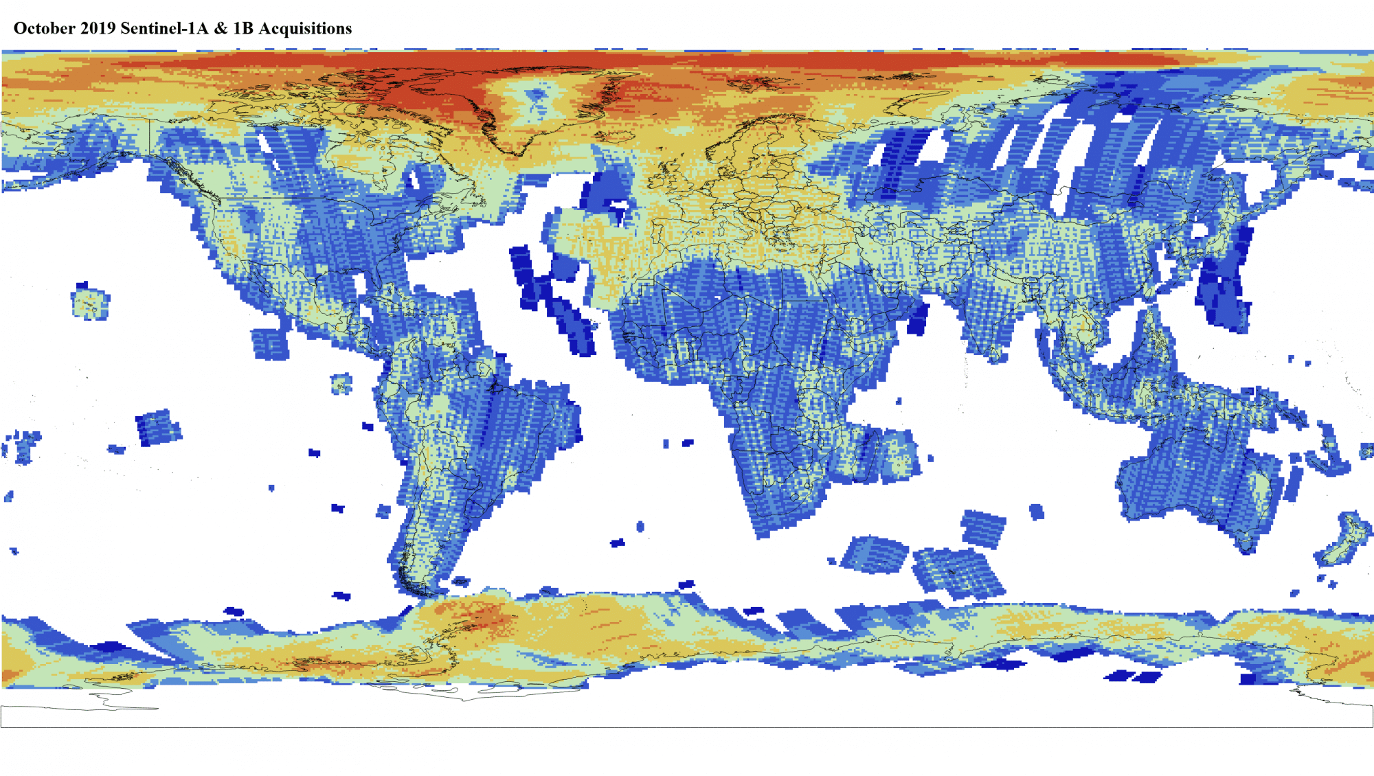 Heat map of Sentinel-1A and -1B GRD global acquisitions October 2019