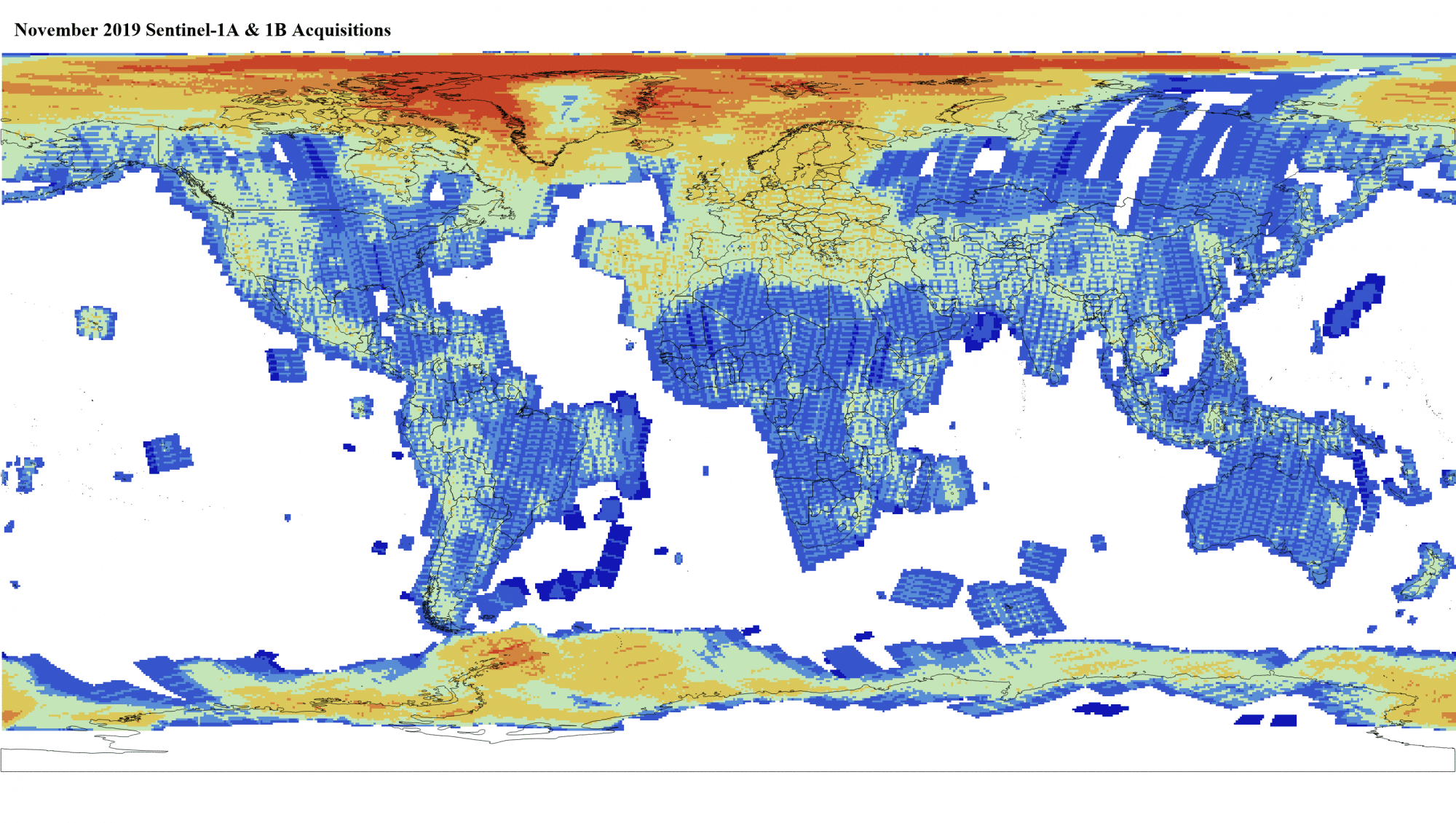 Heat map of Sentinel-1A and -1B GRD global acquisitions November 2019