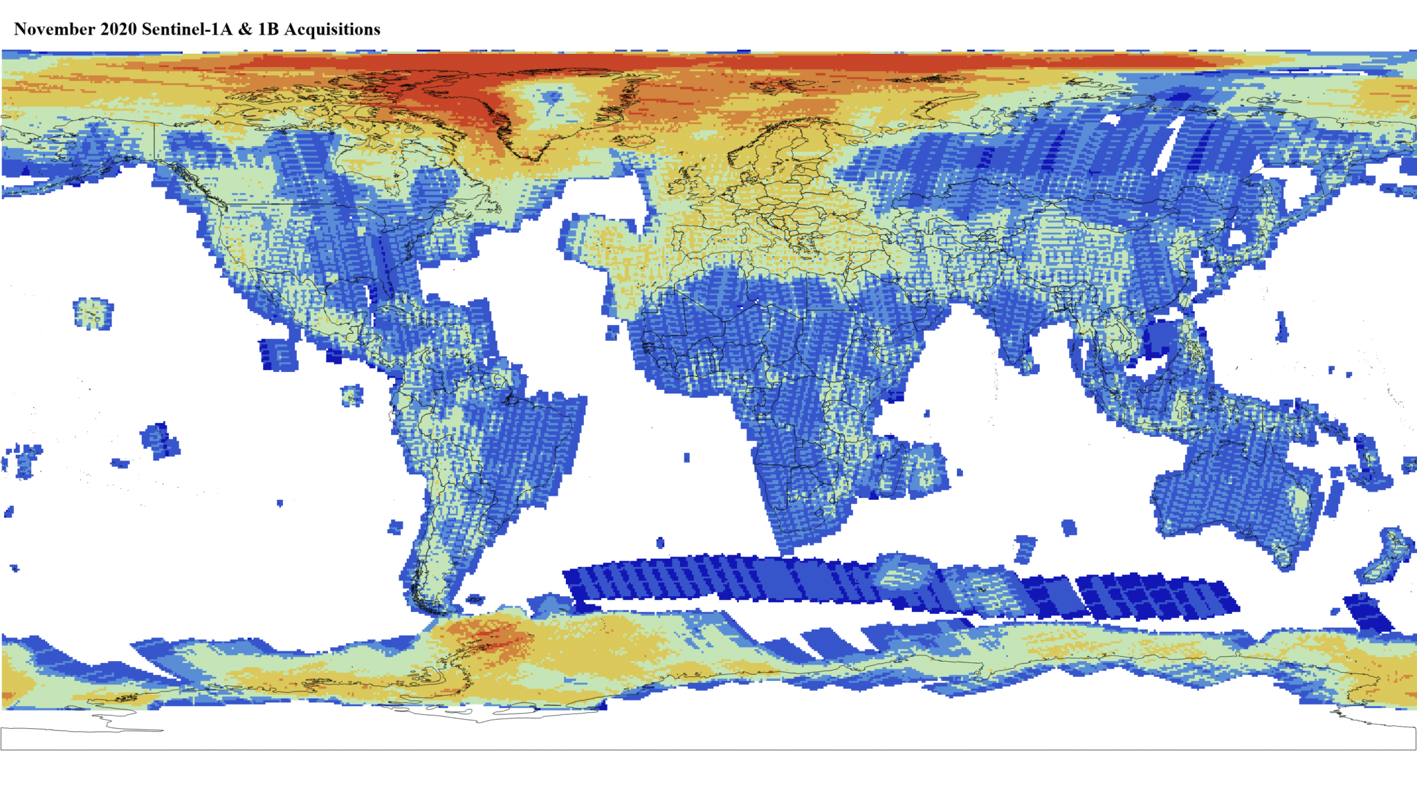 Heat map of Sentinel-1A and -1B GRD global acquisitions November 2020
