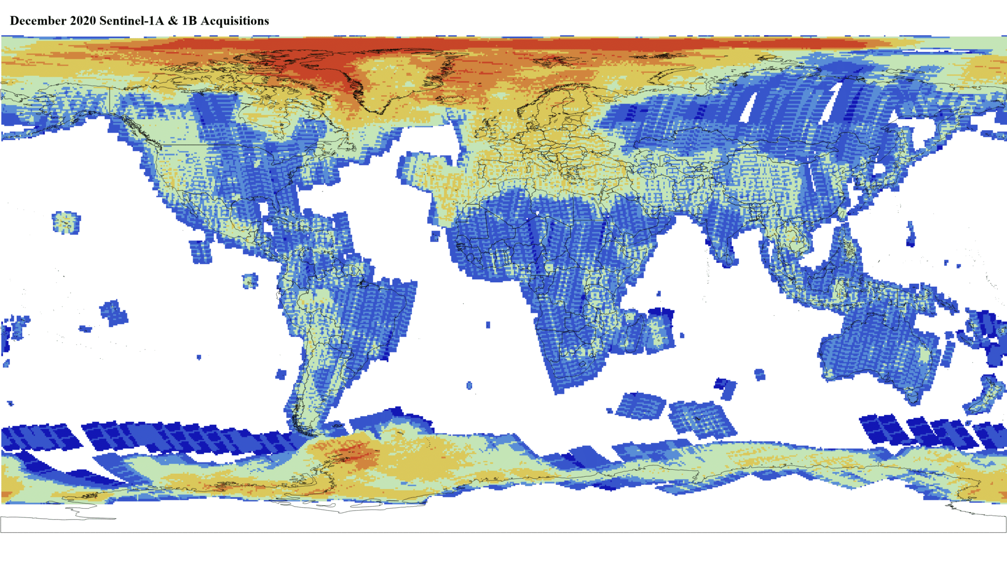 Heat map of Sentinel-1A and -1B GRD global acquisitions December 2020