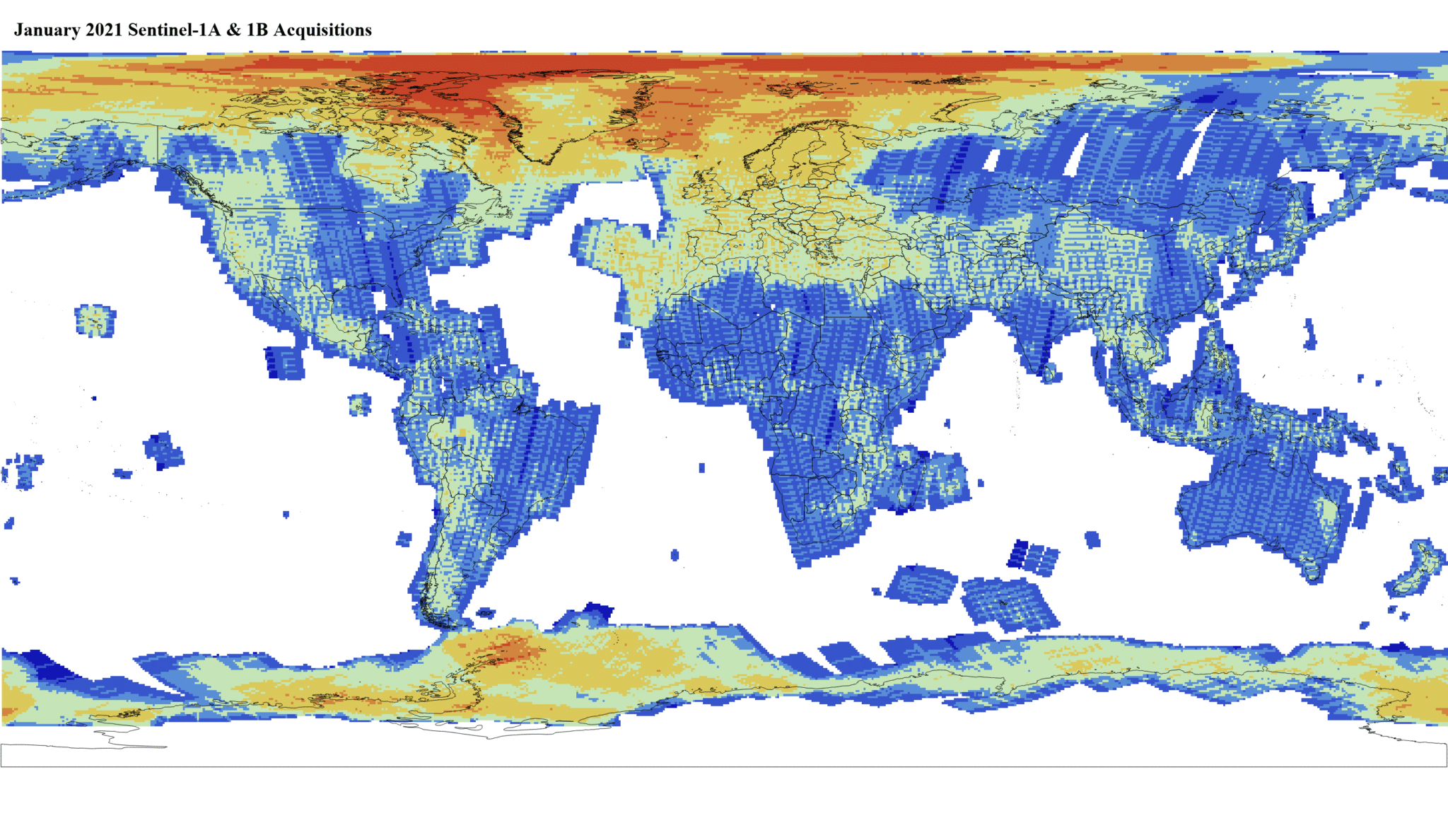 Heat map of Sentinel-1A and -1B GRD global acquisitions January 2021