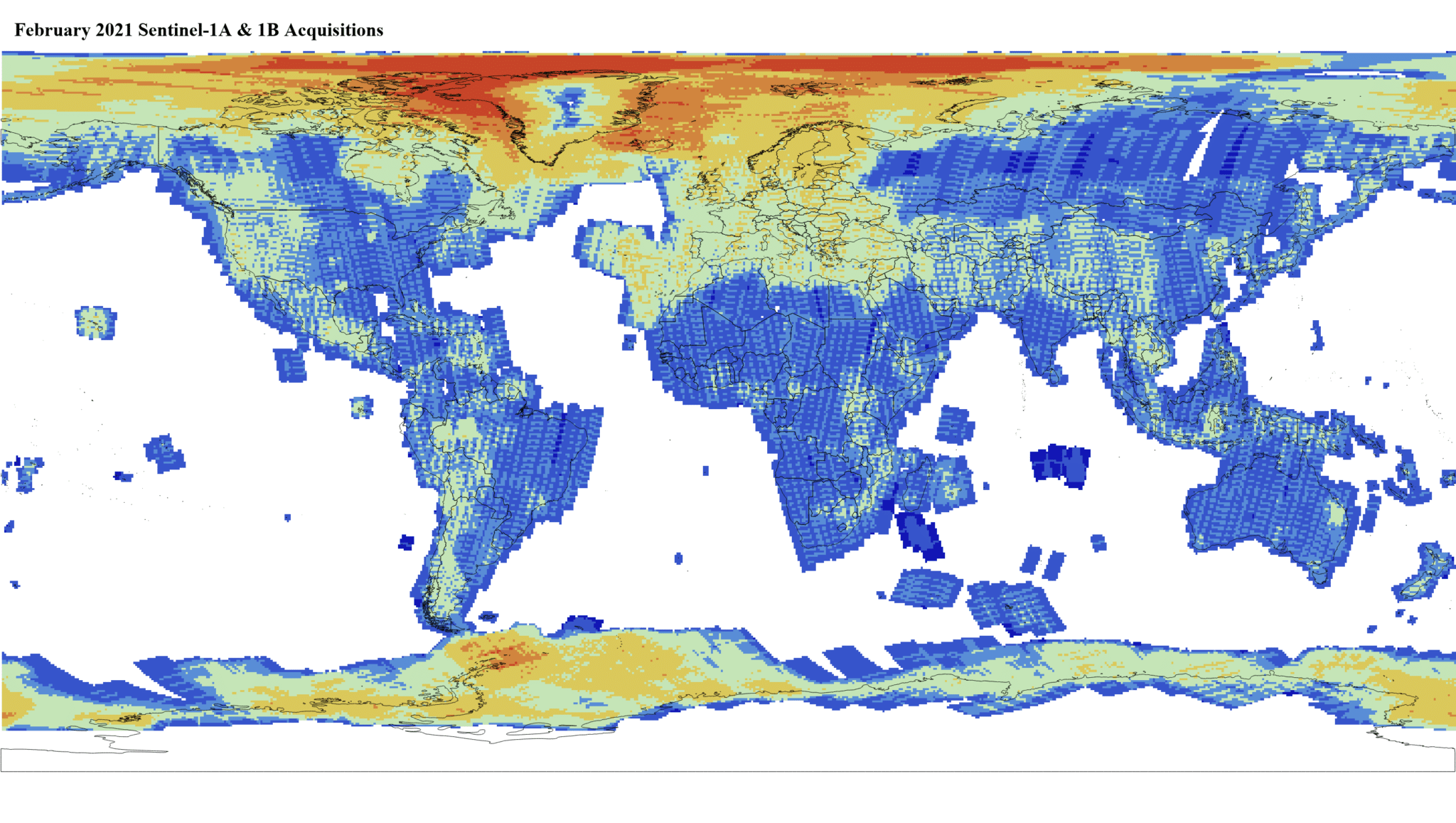 Heat map of Sentinel-1A and -1B GRD global acquisitions February 2021
