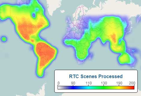 Heat Map of FBD Extent of Processed RTC scenes. Extent and concentration of processed RTC scenes. 