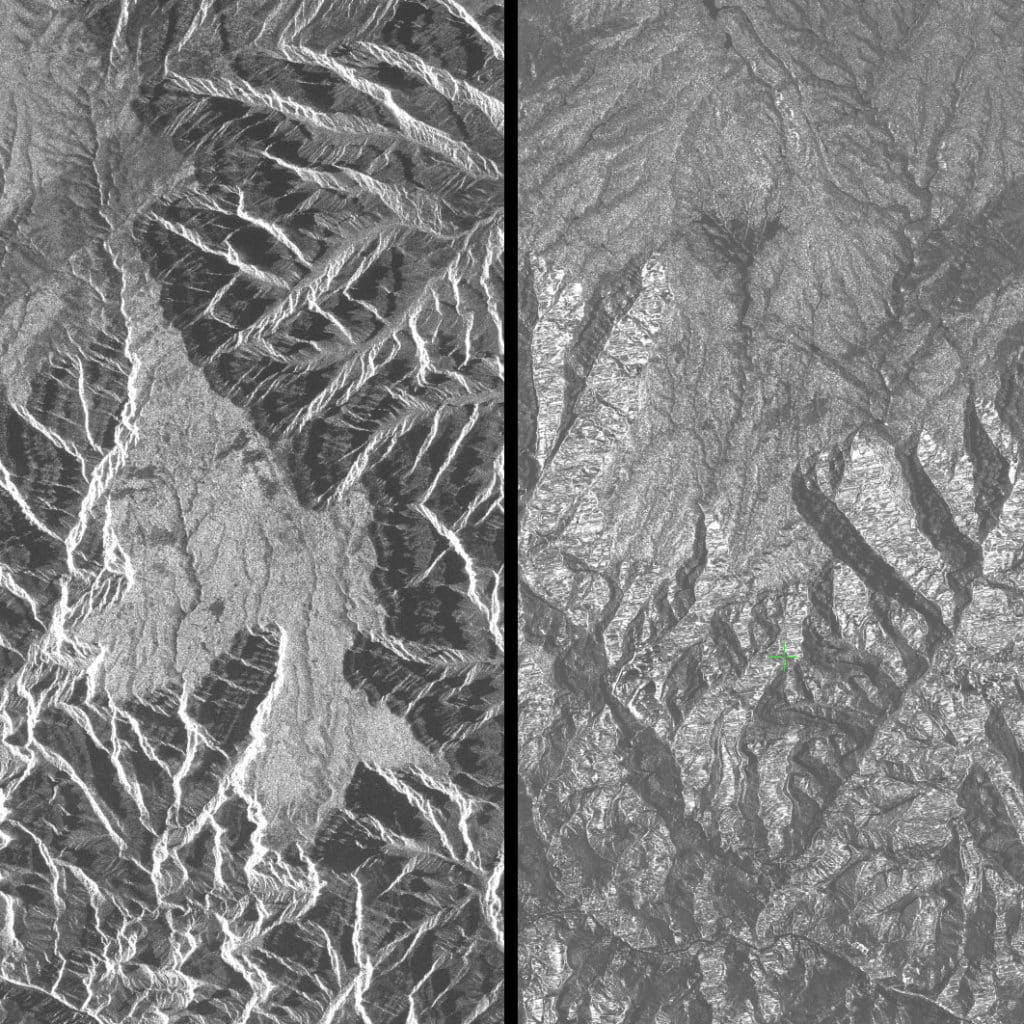 These two images are part of the Grand Canyon and are processed from the same PALSAR data. The image on the left is uncorrected. The image on the right is terrain-corrected. In the uncorrected image, the sides of the canyon appear to be stretched on one side and compressed on the other side. Click to enlarge. ASF DAAC 2014; Includes Material © JAXA/METI 2008.