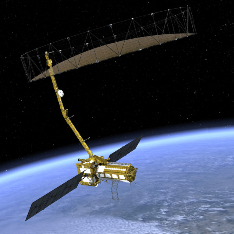 Artist rendering of the NASA ISRO SAR (NISAR) satellite in orbit around the earth