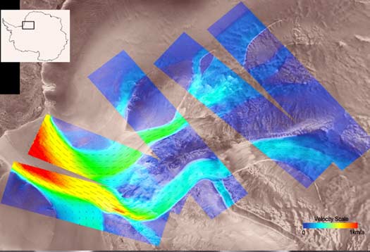 Surface velocity mosaic of the east Antarctic Ice Streams. The speed is encoded as hue and SAR is encoded as intensity in the HSV color model. The upstream velocity of the Recovery Glacier is about 100 meters/year (light blue areas). Near the grounding line, there is a local peak velocity of about 900 meters/year (yellow and red areas). ©Zhiyuan Zhao