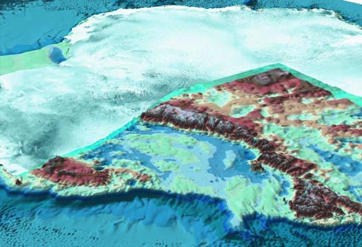 A cutaway image of Antarctica showing the continent under its ice. ©National Geographic 2002