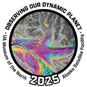 Observing Our Dynamic Planet badge with glacier displacement map on it in the center and text going around it with the exhibition name.