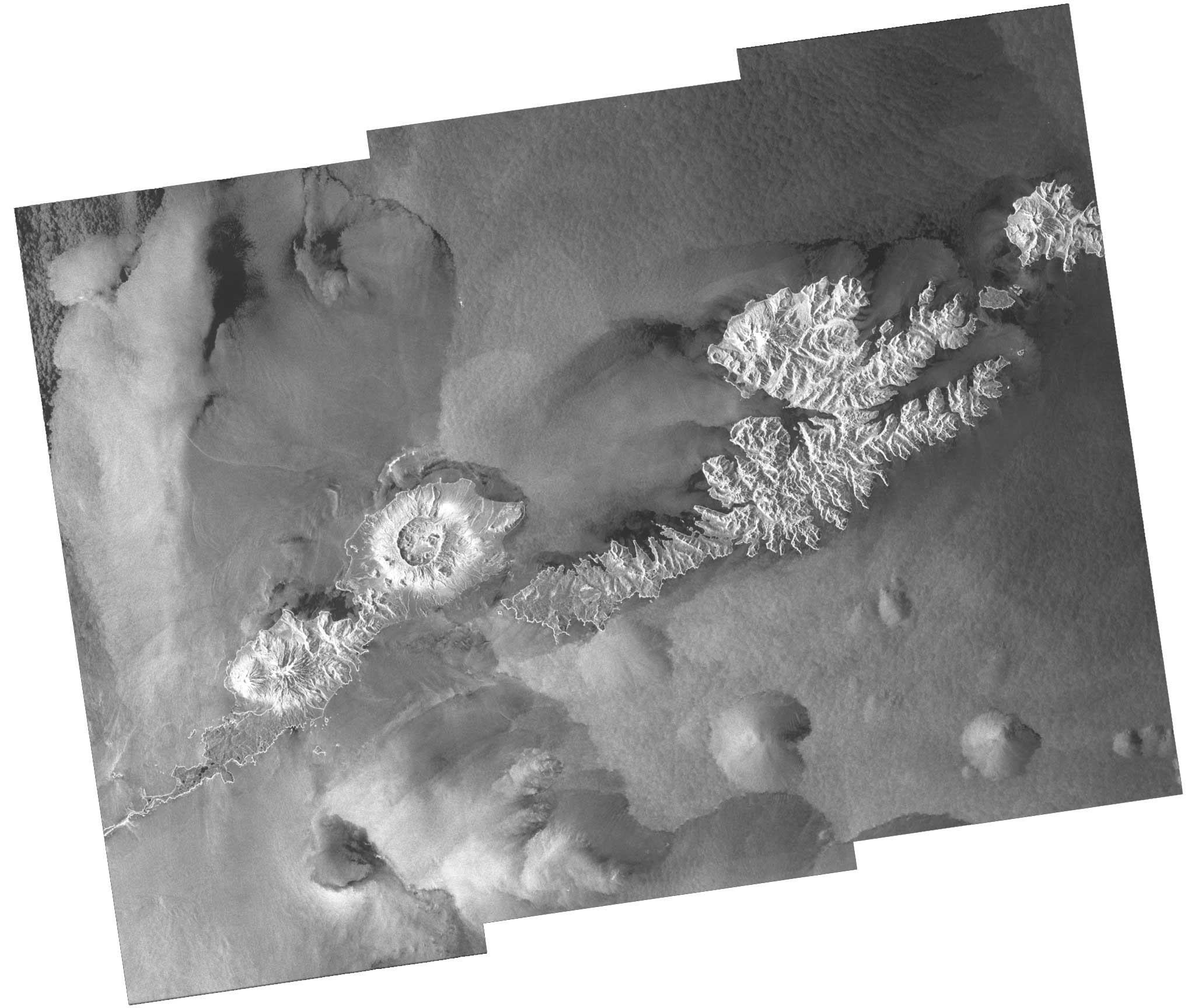 In this Sentinel-1 image, the Okmok Volcano caldera is the prominent feature of Umnak Island