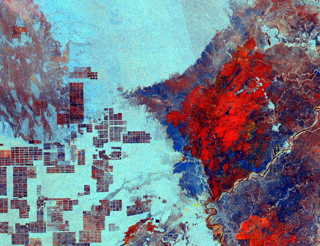 This multi-temporal Sentinel-1 RGB composite displays fire scars in the Pantanal Wetlands as shades of red while undisturbed forest appears light blue. The Pantanal is the world’s largest tropical wetland and one of the most biodiverse places on Earth.