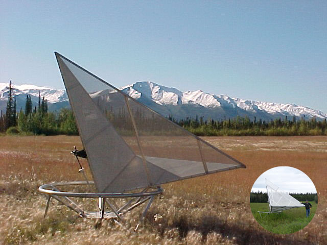 Corner reflector of 3 meters wide sits in a field in Fairbanks