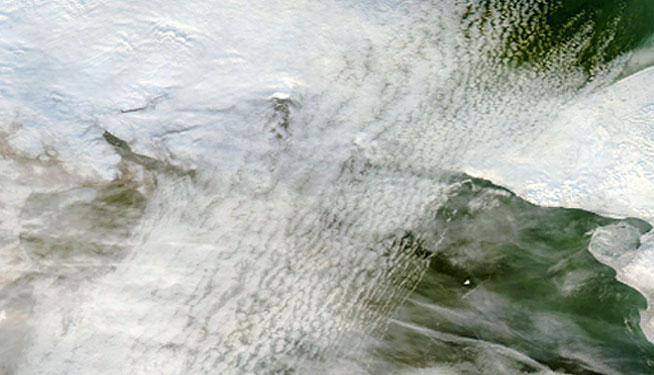 Optical image clip of the Diomede Islands in the Bering Strait between Alaska and Russia