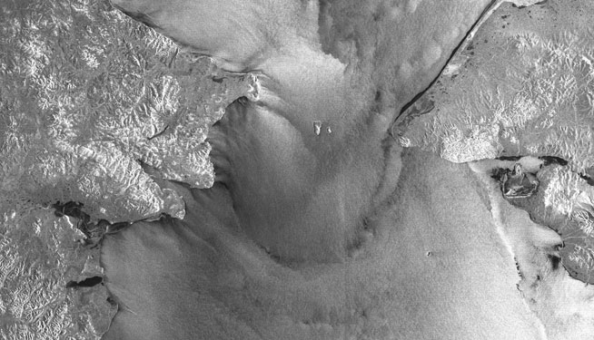 SAR image clip of the Diomede Islands in the Bering Strait between Alaska and Russia